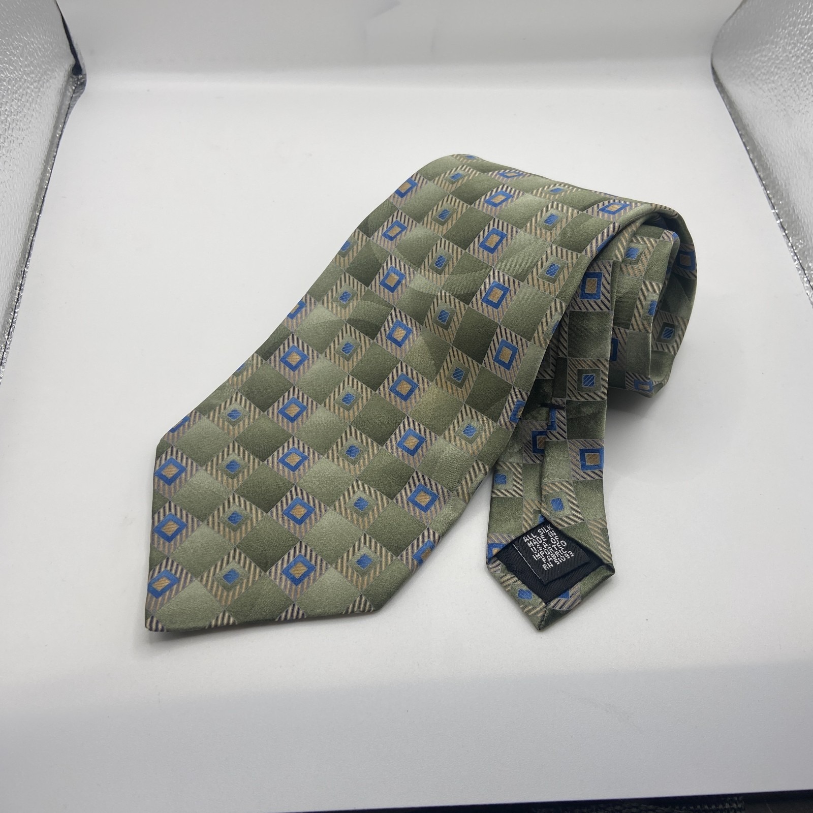 Puritan Necktie Men One Size Green Geometric Check Silk Formal Business Neckwear